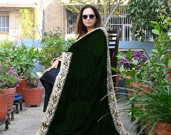 Green Velvet Shawl Dupatta – Embroidered Floral Border Wrap for Bridal, Partywear & Groom Sherwani