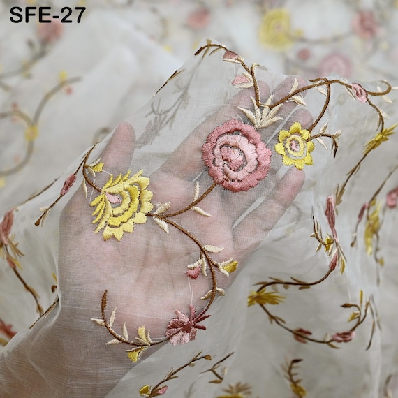 Pure Silk Organza Embroidered Fabric by the Yard Indian Embroidery Bridal  Sheer Floral Wedding Dress Delicate Designer Dress Material Saree - Etsy