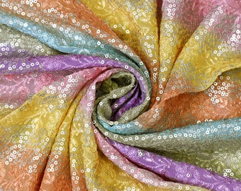 Sequin Embroidery Fabric by the Yard Indian Georgette Saree Embroidered Crafting Sewing Sequined Wedding Dress Costumes Doll Making