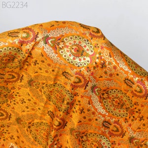 Orange Indian Brocade Silk Fabric By The Yard Wedding Dress Jacket Banarasi Costume Material Sewing DIY Craft Curtain Upholstery Furnishing