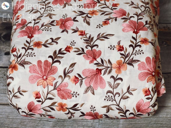 Floral Embroidered Cotton Fabric by the Yard Indian Embroidery