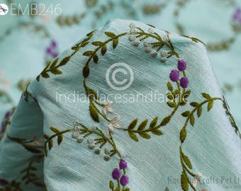 Indian Mint Embroidered Dupioni Fabric by the Yard Sewing DIY Crafting Wedding Dresses Costumes Bags Cushion Covers Table Runners Upholstery