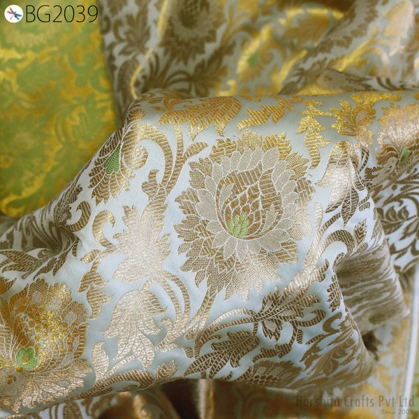 Indian Gold Brocade Fabric Wedding Dress Banarasi Blended Sewing Silk Pistachio Lengha DIY Crafting Cushion Covers Table Runners Home Decor