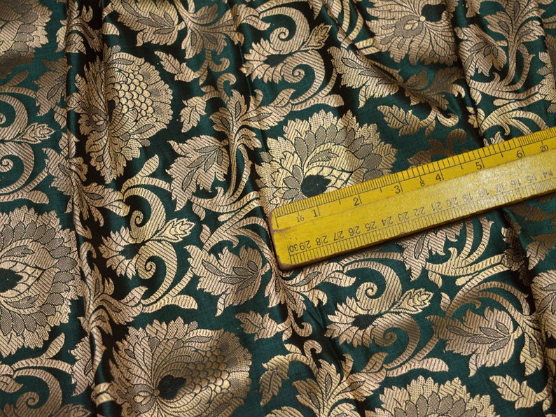 Silk Brocade Fabric Bottle Green Gold Banarasi Blended Silk Brocade Fabric by the Yard Banaras Brocade for Wedding Dress Bridesmaid Lehenga image 4