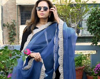 Blue Silk Organza Dupatta Hand Embroidered: Light Weight Indian Bridal Wedding Chunni Veil Scarf Women Dress Gift Wife, Sister