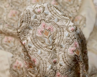 Tan Embroidered Fabric by the yard Sewing DIY Crafting Indian Embroidery Wedding Dress Costumes Bags Cushion Covers Table Runners Blouses