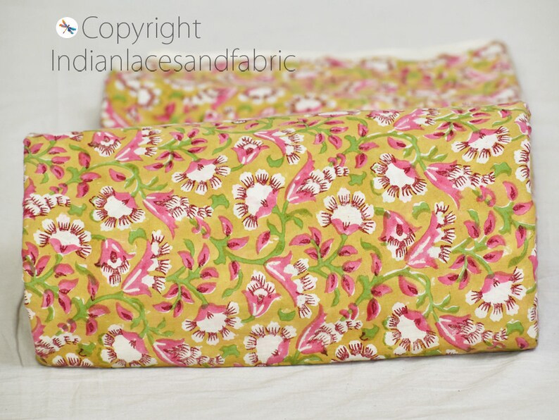 Yellow Indian Hand Block Printed Dressmaking Sewing Soft Cotton Fabric By The Yard Quilting Crafting Curtains Summer Women Kids Apparels