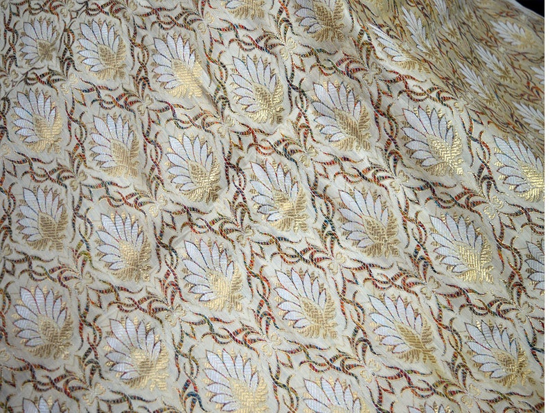 Banarasi Brocade Fabric by the yard Off white brocade fabric Blended fabric Indian Silk Fabric Wedding Banaras fabric sewing crafting fabric