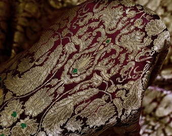 Burgundy Brocade Fabric by the Yard Indian Banarasi Winter Wedding Dress Brides Mother Dali Coat Longline Jacket Theatrical Historic Costume