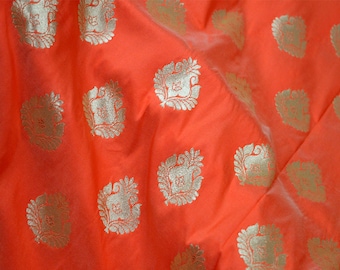 Indian Orange Banarasi Brocade Fabric by the yard Bridal Wedding Dresses Banarasi Lehenga Crafting Sewing Drapery Cushion Covers