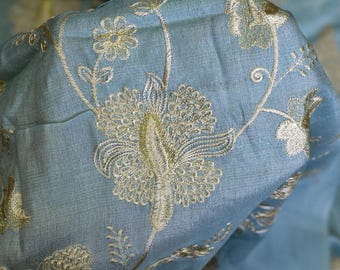 Powder Blue Pure Tussar Silk Embroidered Fabric Indian Embroidery Raw Silk Wild Natural Handmade Fabric Peace Silk Tussah Dress Material