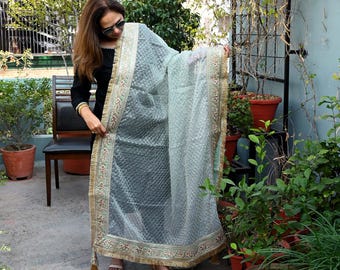 Mint Green Organza Designer Dupatta Women Bridal Wedding lehenga Chunni/Veil Beads Sequin Scarf Indian Ethnic Dress Stole Gift Bridesmaid