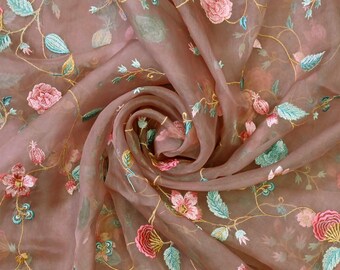 Pink Pure Silk Organza Embroidered Fabric by the yard Embroidery Bridal Sheer Floral Wedding Dresses Delicate Designer Dress Material Saree
