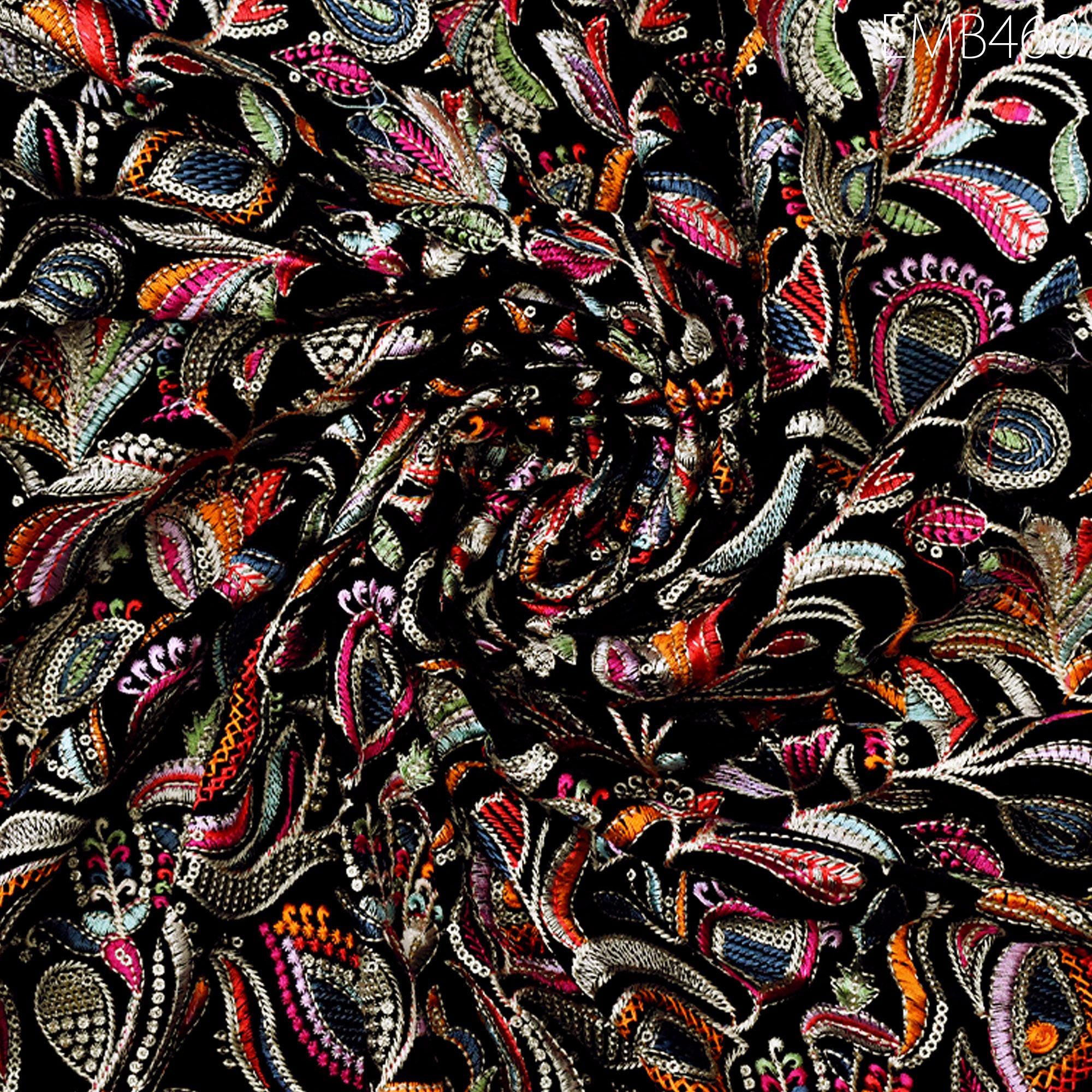 Black Indian Embroidered Velvet Fabric by the Yard Sewing