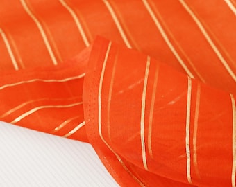 Bright Orange Organza Dupatta – Gold Zari Striped Indian Chunni – Sheer Wedding Veil Scarf for Lehenga, Saree, Dress Gift & Crafts Project