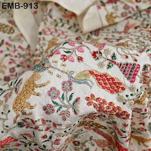 Indian Embroidered Unbleached Cotton Fabric by the Yard Flex Cotton Embroidery Summer Jackets Women Dresses Kids Bags Table Runner Sewing