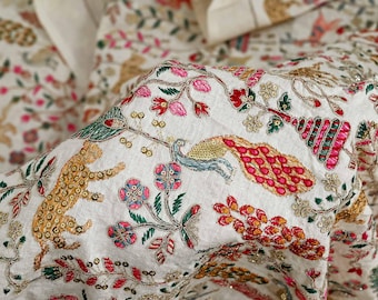 Indian Embroidered Unbleached Cotton Fabric by the Yard Flex Cotton Embroidery Summer Jackets Women Dresses Kids Bags Table Runner Sewing