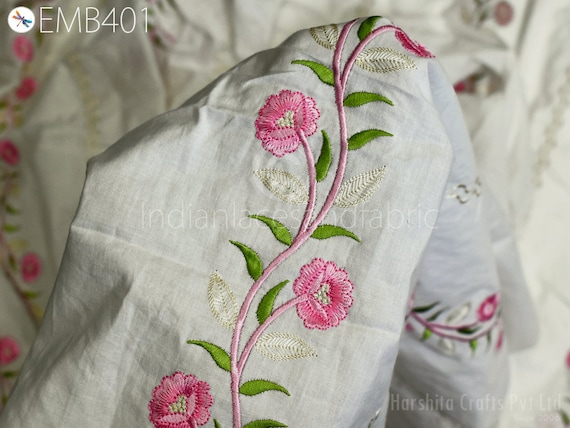 Floral Embroidered Cotton Fabric by the Yard Indian Embroidery Sewing DIY Crafting Women Summer Dresses Costumes Tote Bag Home Decor Curtain