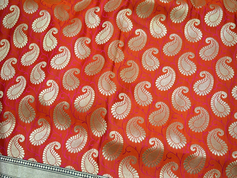 Orange Brocade Fabric by the Yard Indian Fabric Wedding Dress Fabric Banarasi Brocade Fabric with Border for Lengha Costume Crafting Sewing