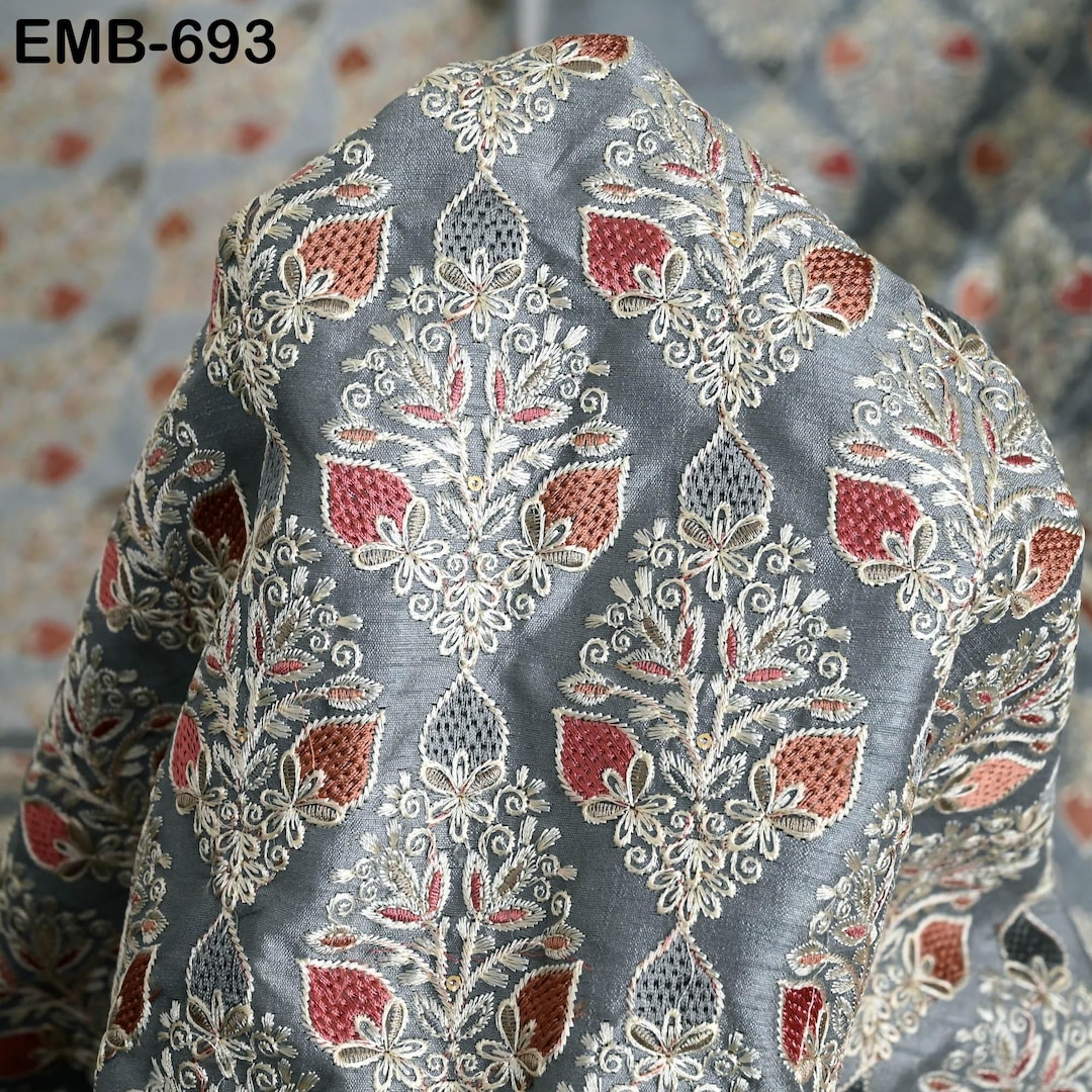 Grey Embroidered Fabric by the Yard Sewing Crafting Indian Embroidery ...