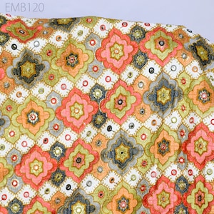 Indian Embroidered Cotton Fabric by the Yard Embroidery Wedding Dress Party Costumes Dolls Bags Cushions Table Runner Sewing DIY Crafting