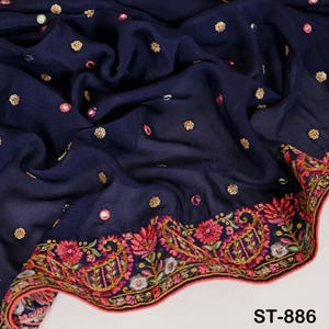 Express Shipping! Embroidered Women Dupatta Blue Chinon Chiffon 2.5 Yard Long Bridal Veil Matching Lehenga Stole for Festival Gifts Chunni