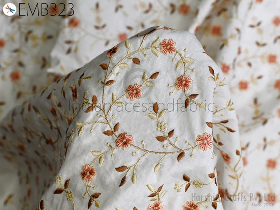 Floral Embroidered Cotton Fabric by the Yard Indian Embroidery