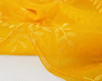 Yellow Organza Dupatta – Sequin Leaf Embroidered Chunni – Indian Wedding Lehenga Veil – Sheer Scarf Gift for Her – Ethnic Fabric Wrap craft