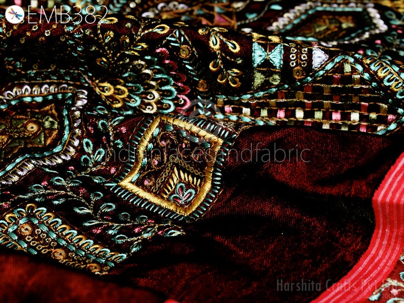 Buy Maroon Indian Embroidered Velvet Fabric by the Yard Sewing DIY
