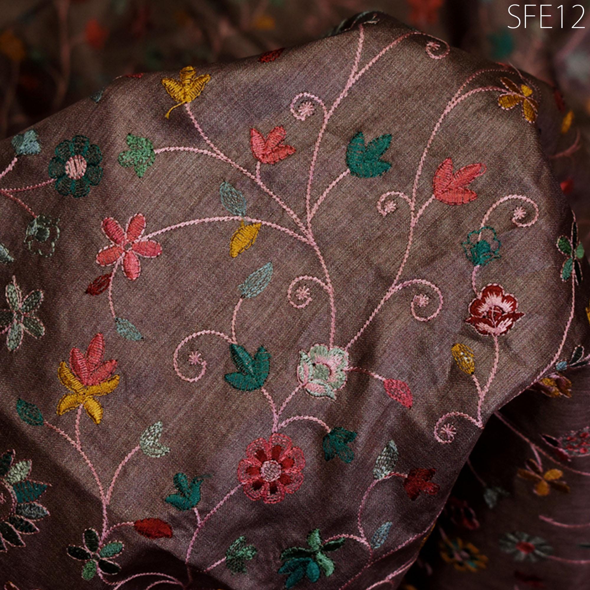 embroidered silk fabric for dresses Yellow Embroidered Trendy Organza Silk Floral Design Fabric ( 1 Mtr )