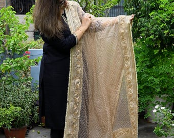 Champagne Organza Designer Dupatta for women Bridal Wedding lehenga Chunni/Veil Beads Sequin Scarf Indian Ethnic Dress Stole Gift Bridesmaid