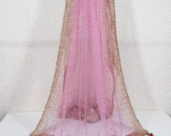 Pink Net Women Dupatta, Indian Bridal Wedding lehenga Chunni, Gold Sequin Veil Tassels Scarf Fabric Dress Craft Costume Doll Making Gift Her