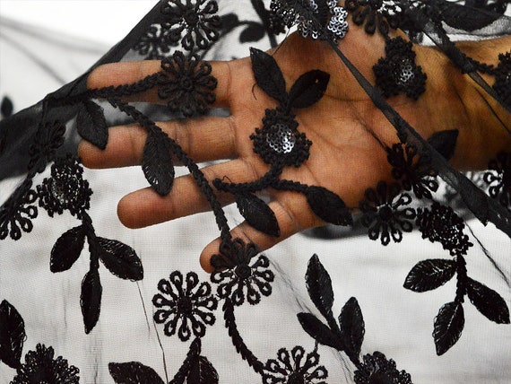 Black Net Tulle Embroidery Fabric Floral Embroidered Fabric by the Yard  Indian Fabric Saree Crafting Sewing Wedding Dress Costumes Doll 