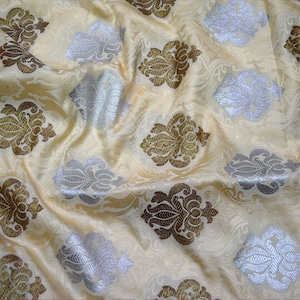 Cream Banarasi Brocade Fabric by the Yard Banaras Blended Silk for Wedding Dress Bridesmaid Gown Skirts Frock Making Brocade Cushion Covers
