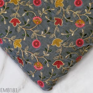 Indian Grey Embroidered Velvet Fabric by the yard Sewing DIY Crafting Wedding Dress Fabric Costumes Dolls Bags Cushion Covers Table Runners