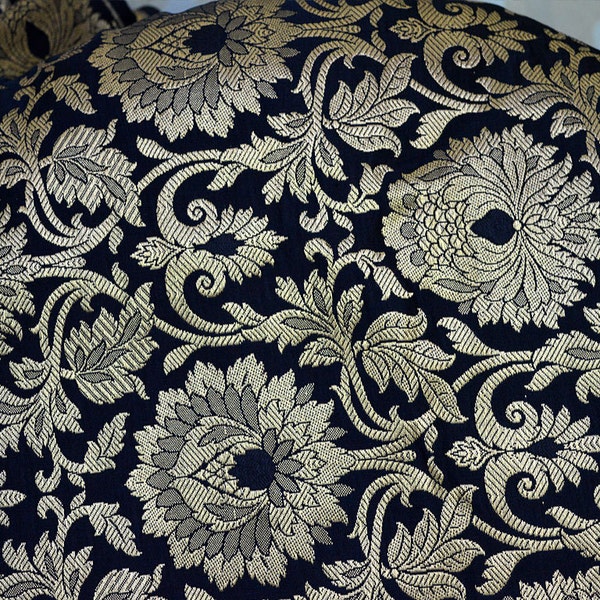 Black Gold Brocade bridesmaid costume Fabric by the Yard Floral Banarasi crafting Saree Wedding Dress Blended Silk Jacket Making  Fabric