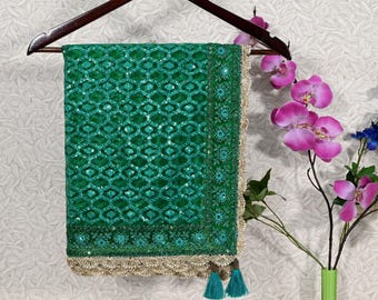 Indian Ethnic wear Green Dupatta, Women Embroidered Net Long Chunni, Bridal Veil, Lehenga Embroidery Stoles, Punjabi Dress Chunri Head Scarf