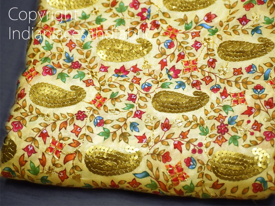 Pale Yellow Sequin Embroidery Fabric Indian Saree Embroidered Etsy