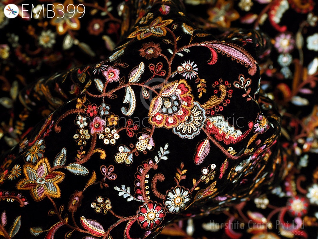 Black Indian Embroidered Velvet Fabric by the Yard Sewing DIY Crafting