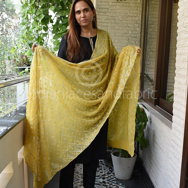 Yellow Georgette Embroidered Sequins Indian Dupatta Embroidery Veil Punjabi Stoles Bridesmaid Long Scarves Christmas Gift Fashion Accessory
