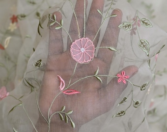 Tela de organza de seda pura bordada, cortada a medida, bordado indio, vestido de novia transparente floral, delicado material de vestido de diseñador, sari