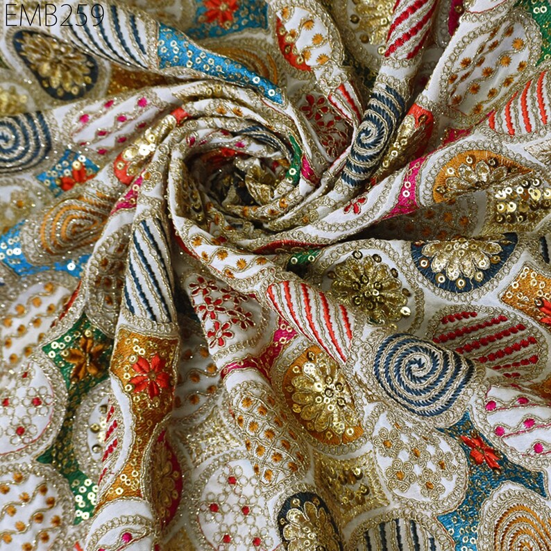 Buy Cream Indian Embroidered Fabric by the Yard Embroidery
