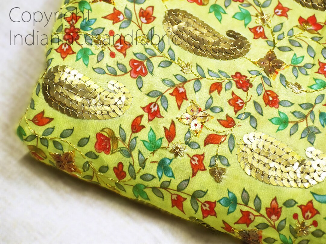 Lemon Sequin Embroidery Fabric Indian Saree Embroidered Fabric by the