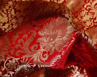 Brocade Fabric Banarasi Brocade Fabric by the Yard Banarasi Brocade Red Gold Weaving for Wedding Dress Home Decor Indian Art Blended Silk