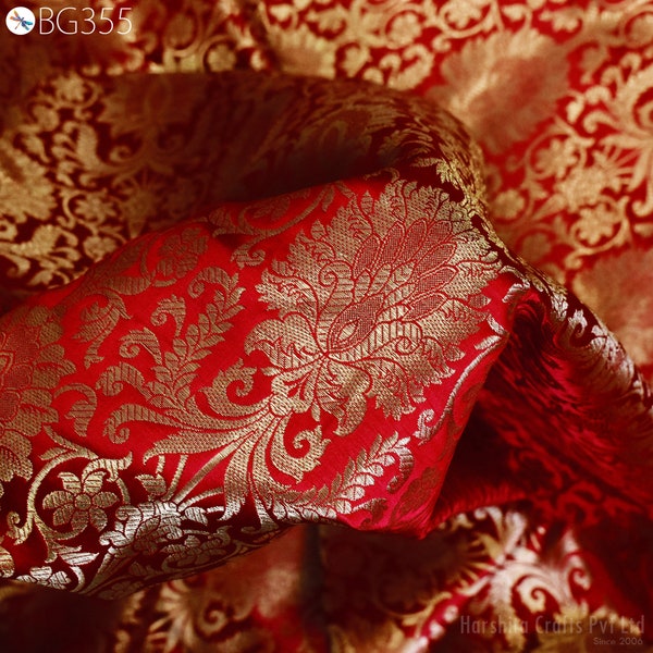 Brocade Fabric Banarasi Brocade Fabric by the Yard Banarasi Brocade Red Gold Weaving for Wedding Dress Home Decor Indian Art Blended Silk