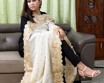 Gold Zari Tissue Dupatta for Women, Bridal Wedding lehenga Heavy Chunni Veil Sequin Scarf, Indian Ethnic Dress Costume Bridesmaid's Gift