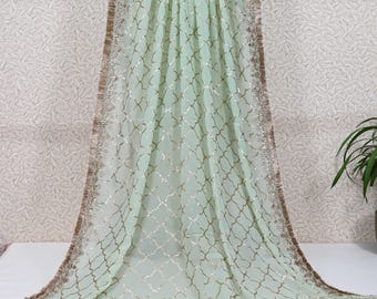 Georgette Dupatta, Mint Green Sequin Border Stole | 2.5 Yards, Tassel Edges, Gold Embroidery