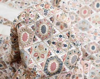 Ivory Embroidered Fabric by the yard Sewing DIY Crafting Indian Embroidery Wedding Dress Costumes Dolls Bags Cushion Covers Table Runners