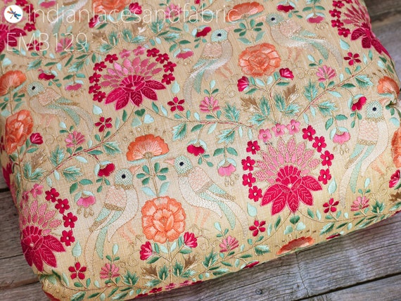 Floral Embroidered Cotton Fabric by the Yard Indian Embroidery