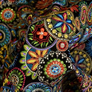 Multicolor Indian Embroidered Fabric by the Yard Georgette Embroidery Sewing Curtain DIY Crafting Women Dress Material Drapery Home Decor